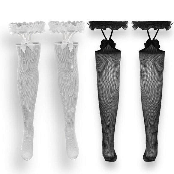 White Satin Bow Ruffle Garters Thigh High Belt Fishnet Stockings NEW - Picture 4 of 4
